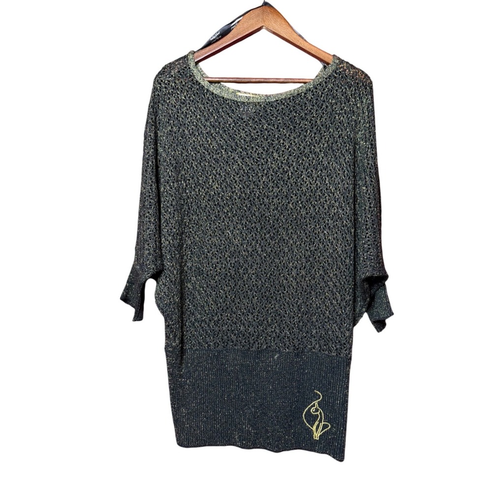 Vintage Baby Phat Women 1X Y2K Metallic Gold Black Batwing Knit Tunic‎ Sweater